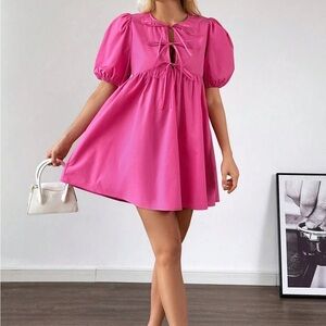 Women’s Cute Bow Tie Up Peplum Babydoll Puff Sleeve A Line Party Dress